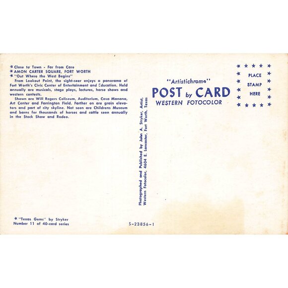 Postcard Amon Carter Square Fort Worth Texas Vintage Chrome Unposted 1939-1970s - Picture 2 of 2